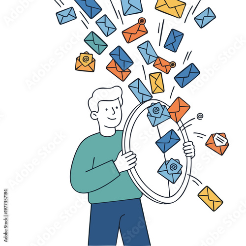 Man Holding Clock Surrounded by Falling Emails.