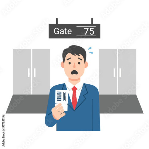 Man holding boarding pass looking stressed at airport gate.