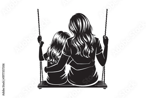 Mother and Daughter Sitting on Swing Hugging illustration Vector
