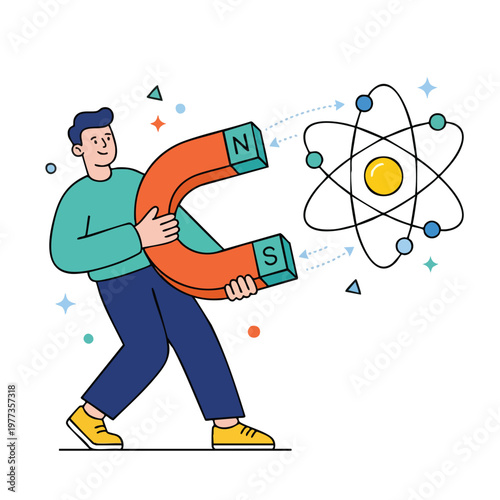 Man Holding Large Horseshoe Magnet Attracting Atom Model.
