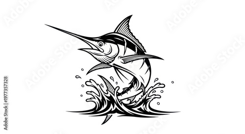 Jumping Marlin Fish Out of Water with Splashing Waves, Fishing Sport Vector