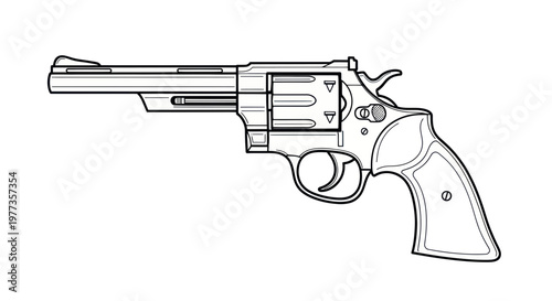 Line Art Revolver Pistol Drawing, Handgun Outline, Weapon Illustration