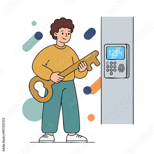 Man Holding Large Key Near Digital Lock.