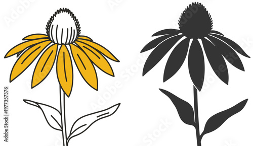 Tableau sur toile Yellow Coneflower and Silhouette illustration