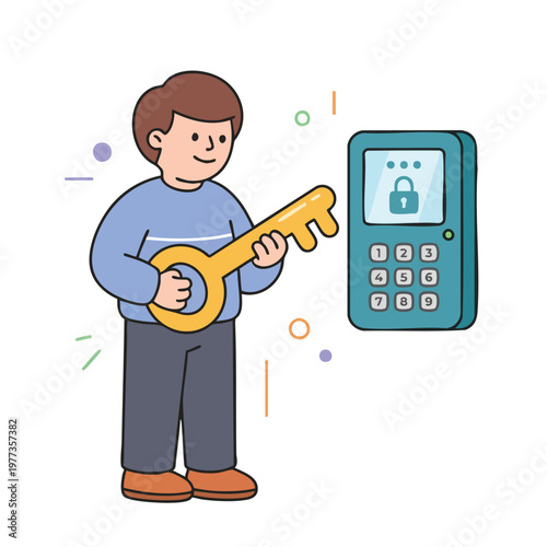 Man Holding Large Key Near Security Device.