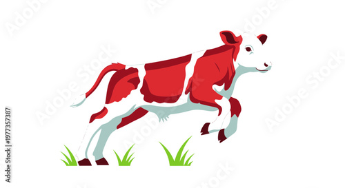 Playful Calf Jumping in Green Grass, Dairy Farm Animal, Red and White Spots