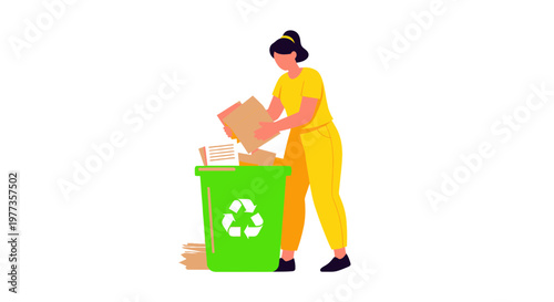 Woman Recycling Paper into Green Bin with Recycle Symbol - Flat Illustration