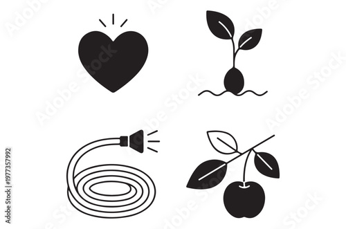 Black silhouettes depict a heart plant sprout hose and leaf with fruit
