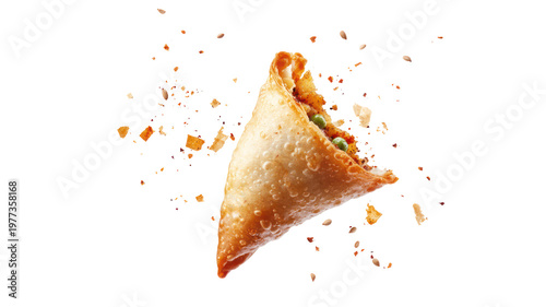 A crispy samosa flying in the air with crumbs on transparent background