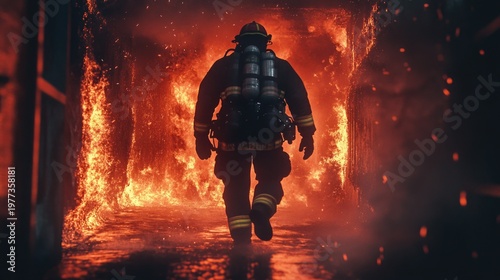 Concept for Emergency Fire Rescue, Fireman in action firefighter.