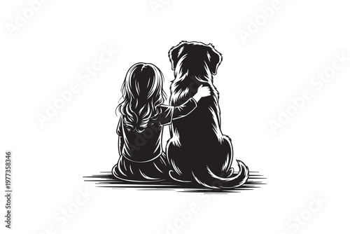 Little Girl Hugging Dog illustration Vector