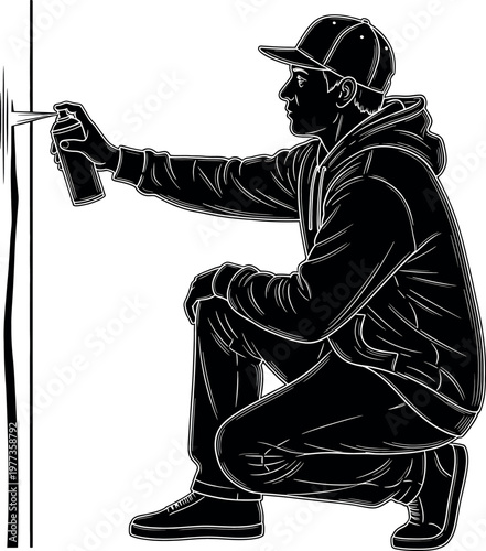 Silhouette of a graffiti artist at work a black and white illustration of urban expression