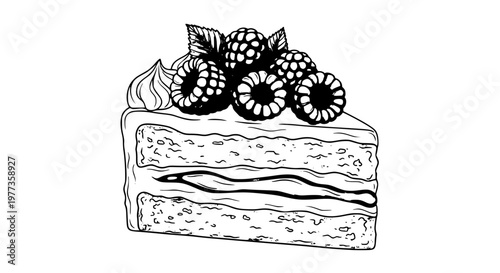 Raspberry cake slice vector isolated, layered sponge cake, pink frosting, fresh berries, sweet dessert, clean design, scalable illustration