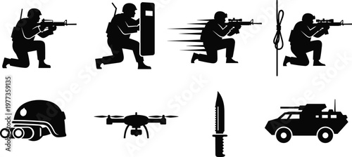 Military Silhouette Vector Icon Set Featuring Special Forces Soldiers Combat Weapons Tactical Gear Armored Vehicle Drone And Sniper Equipment For War