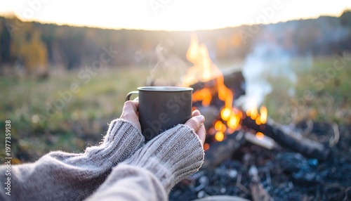 This wider shot captures hands in a cozy brown sweater holding a steaming mug, with a bright campfire burning in the background of a beautiful natural setting, emphasizing outdoor tranquility.
