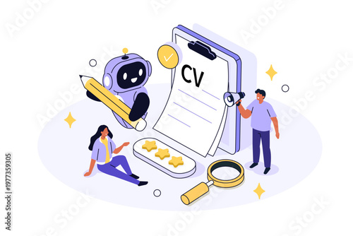 Business people applying to job position and filling cv form with help of ai service robot. Human recourse, recruitment, career development. Vector isometric illustration.