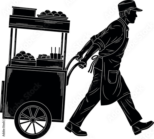 Vintage street vendor illustration a black and white depiction of a traditional food cart and seller