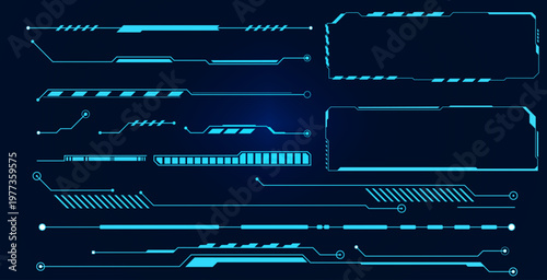 Conceptual collection of futuristic digital interface elements and heads-up display graphics for advanced technology projects and sci-fi applications
