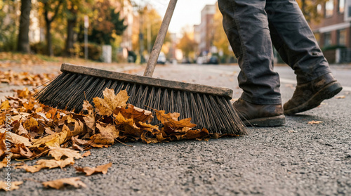 person sweeping autumn leaves on an urban street in the morning light