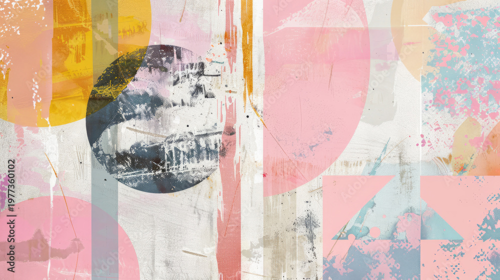 Fototapeta premium Vibrant abstract composition with colorful geometric shapes, dots, lines and stripes with textured paint brushstrokes background