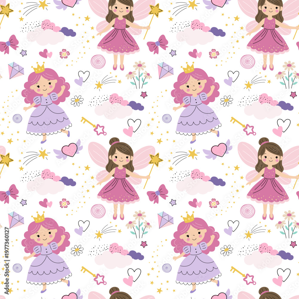 Fototapeta premium Cute seamless pattern with fairies, princess, clouds, stars, fantasy elements. Simple pastel kids background