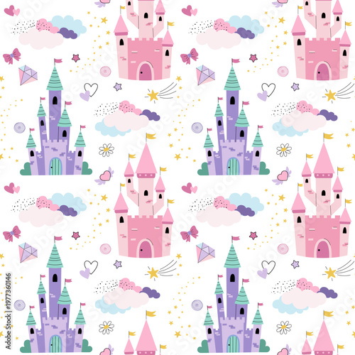 Cute seamless pattern with fairytale castles, fantasy elements, clouds, stars. Simple pastel kids background