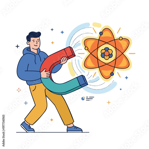 Man Holding Large Magnet Attracting Atom Symbol.
