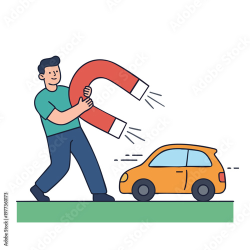 Man Holding Large Magnet Attracting Small Car.