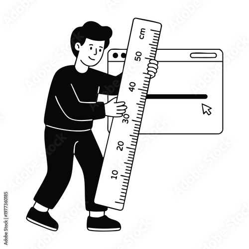 Man holding large ruler measuring digital interface.