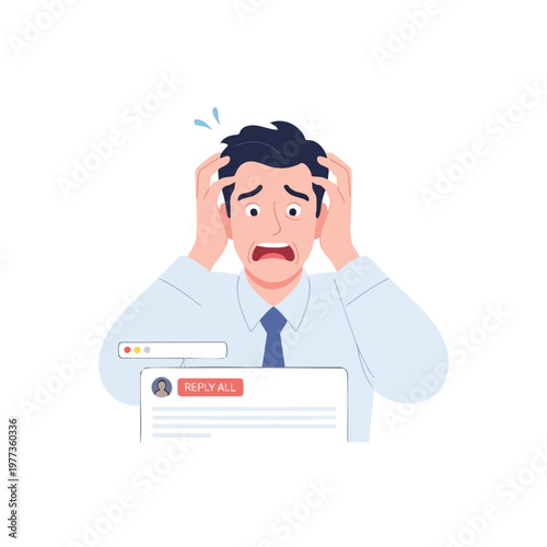 Man in distress holding head in front of computer screen.