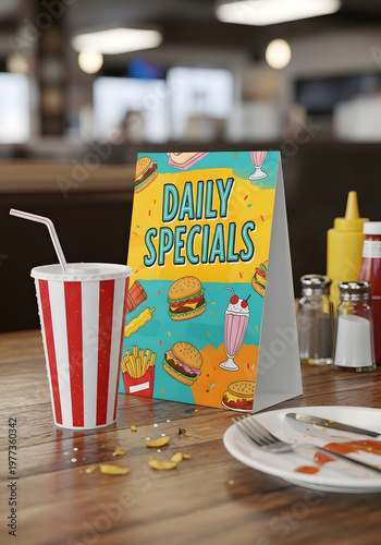 Casual diner tent menu card is displayed beside soda cup on table in lively youthful atmosphere dynamic