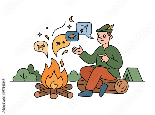 Man in green outfit sitting by campfire telling stories.