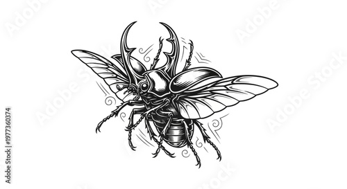 Detailed Tattoo Design of a Rhinoceros Beetle with Wings Spread