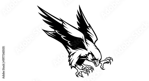 Aggressive Eagle Swooping Down, Black and White Silhouette, Predatory Bird Icon
