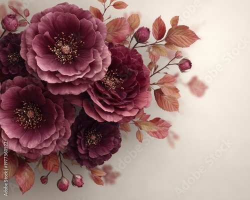 Elegant Burgundy Floral Arrangement with Autumn Leaves on Cream Background for Stylish Decor Concepts