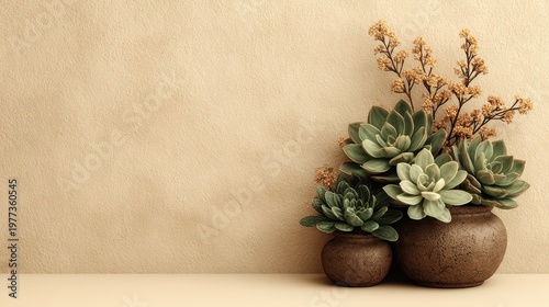 Minimalist Succulent Arrangement in Rustic Clay Pots Against Textured Beige Background for Home Decor and Interior Design