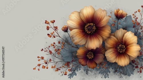 Autumn Botanical Illustration with Elegant Beige and Burnt Orange Floral Arrangement on Subtle Gray Background
