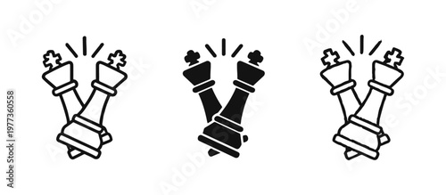 Chess Kings Clashing Icon Set in Outline Silhouette and Hand Drawn Styles for Strategy Competition and Business