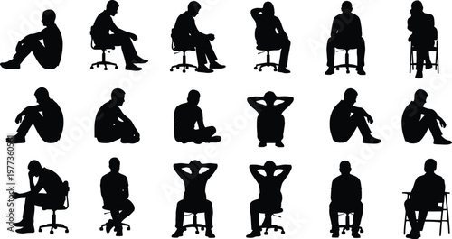 Individuals sitting in various poses, commonly used for meditation, relaxation, yoga silhouettes. Men sitting in various poses, both with and without chairs. Men sitting, leaning, resting on chair