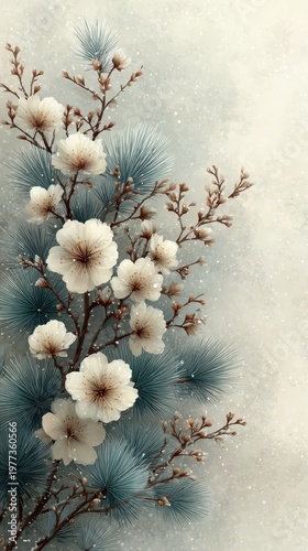 Elegant Cherry Blossom and Pine Needle Watercolor Artwork on Textured Background for Tranquil Decor