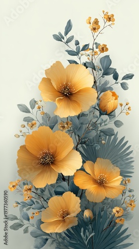 Exquisite Digital Illustration of Yellow Blossoms and Blue Leaves in Botanical Art Style for Home Decor