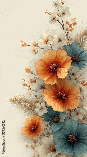 Vibrant Autumn Blossom Composition with Blue and Orange Flowers in Delicate Pastel Hues for Elegant Floral Wallpaper Design