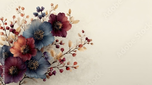 Elegant Watercolor Floral Arrangement with Blue and Red Flowers on Textured Beige Background for Home Decor or Greeting Cards