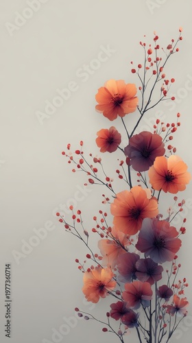 Minimalist Floral Art with Red and Orange Blossoms Against Neutral Background for Contemporary Decor