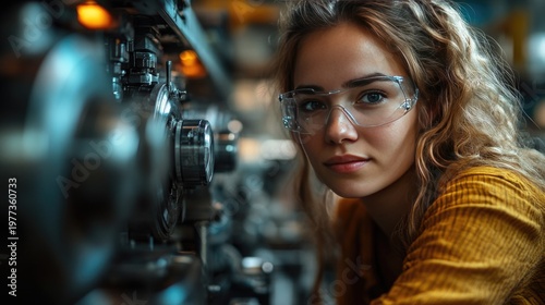 Confident female worker skillfully operating high-tech machinery in a modern manufacturing setting, candid shot