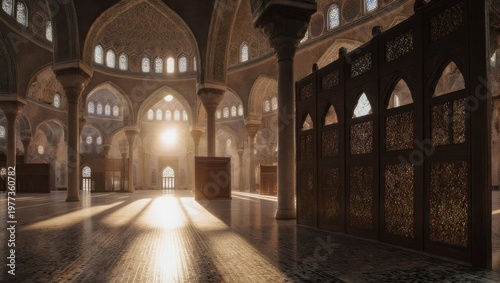Interior of a grand, ornate building with intricate designs, bathed in warm sunlight