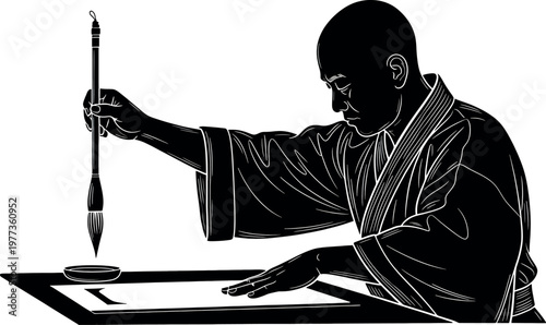 A striking black and white silhouette of a scholar engrossed in calligraphy showcasing traditional east asian artistry