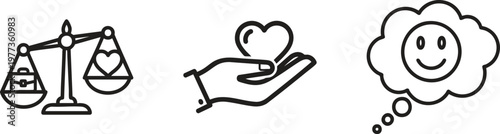 Justice, charity, and happiness icons, line art style, black and white, 3 vector graphics, social issues, emotions