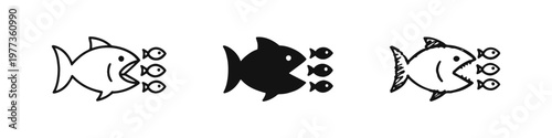 Big Fish Eating Small Fish Icon Set in Outline Silhouette and Hand Drawn Styles for Competition and Dominance