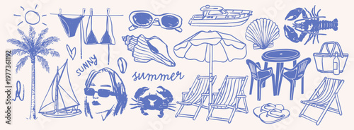 Summer, vacation set. Palm, sun, beach chairs, umbrella, picnic table, crab, sea shell, boat, basket, slippers. Hand drawn Vector illustration. Isolated design elements. Relax, holiday concept